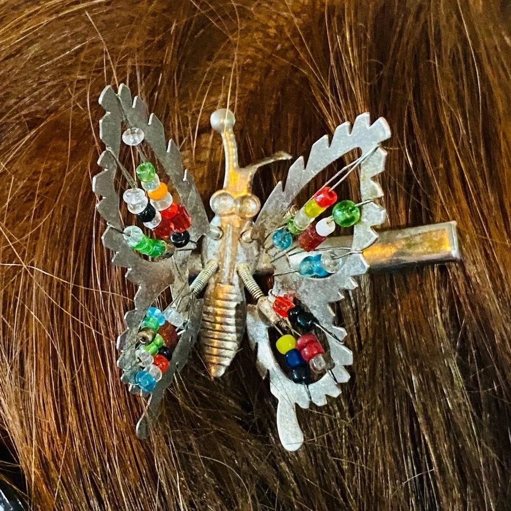 BEADED silver Butterfly Hair Clip barrette in motion vintage